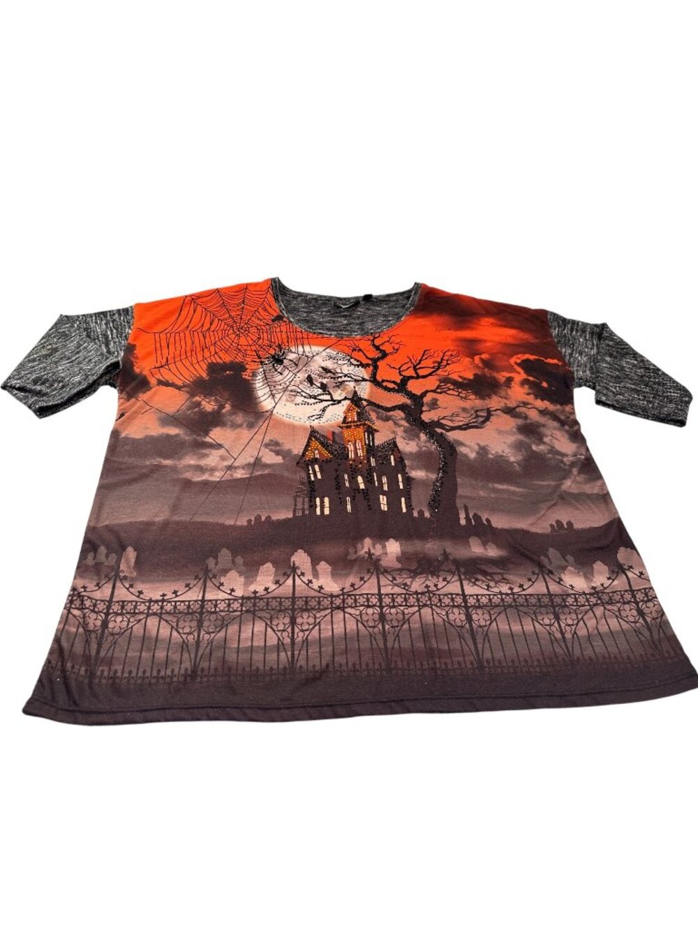 Halloween Haunted House Tunic Blouse Womens Onque Casual Web Rhinestones Top